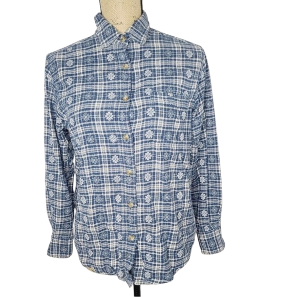Vintage Tops - Vintage Blue Floral Flannel Long Sleeve Button Down Shirt